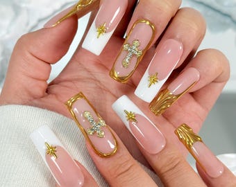 Handmade Gold French Tip Press On Nails: 3D Star Long Square Glam Nails
