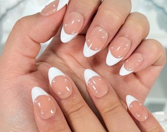 Pearl French Tip Press On Nails: Handmade Reusable Wedding Nail Set