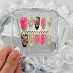 3D Flower Press On Nails: Hot Pink & Gold Tropical Design