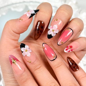 Tortoise Shell Press On Nails: 3D Black & Red Flowers, Gold Charms