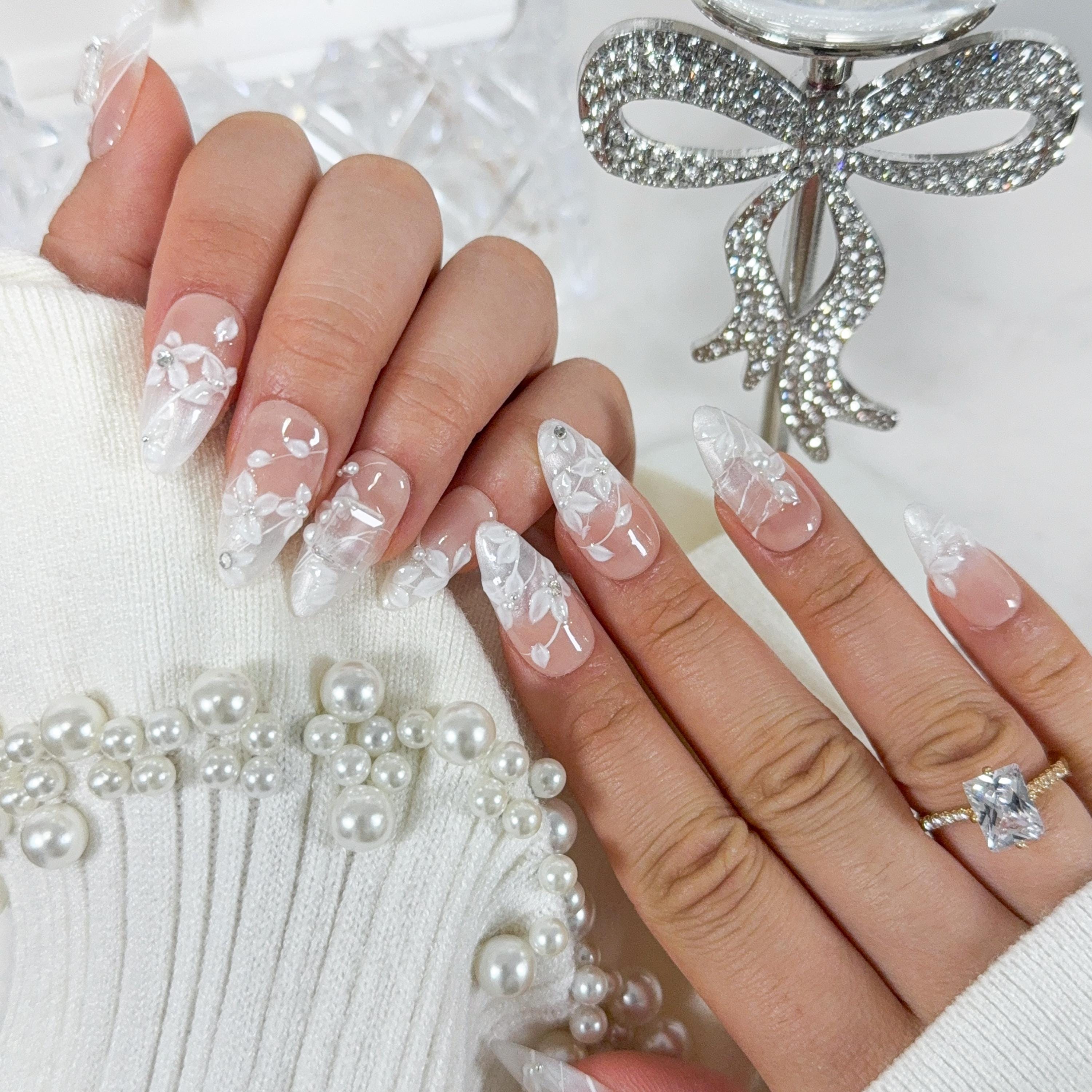 Long Nail Art Bridal Roses Shine