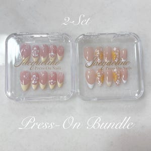 Hand Painted Press On Nails Bundle: Summer Beach Yellow Floral, 3D French Tips