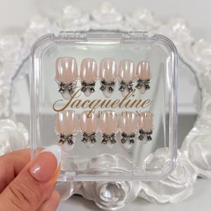 White Chrome Pearl Sliver Bows press on Nails, Handmade Acrylic Fake Nail, Jelly nail, Gel Nails, Reusable French Medium Almond