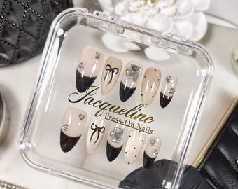 Press on Nails Black bowknot Rhinestone French Medium Almond