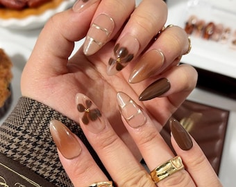 Brown Blooming Gel Flower Press On Nails, Handmade Reusable Almond Nails Gold Accent Stripes