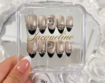 Black Rhinestone Cat Eye Press On Nails: Glitter French Tip, Reusable Glam Nails