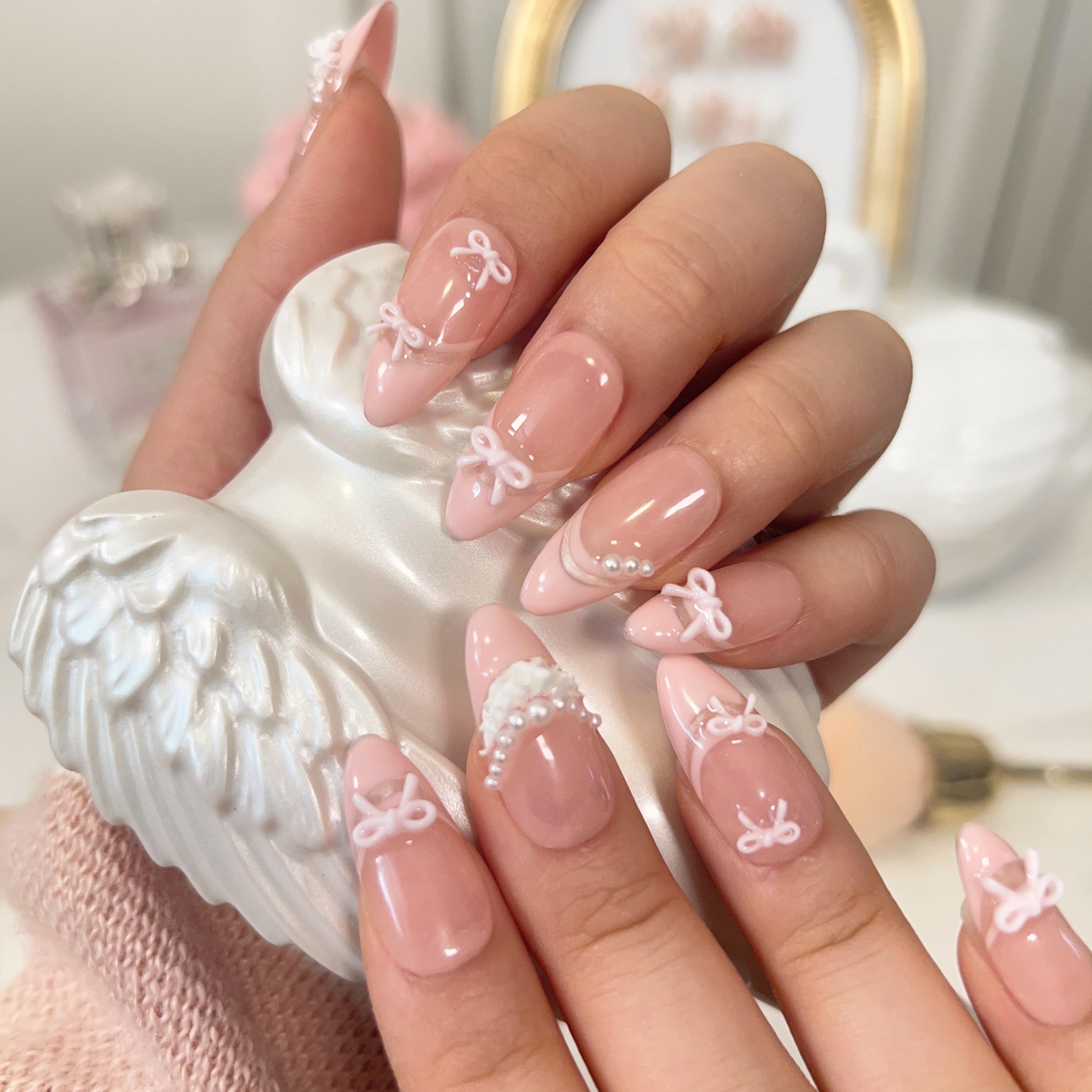 Valentine Handmade Pink Lace Press on Nails: 3D Bowknot Pearl