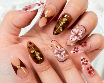 Brown Floral Press-On Nails – Gold Rose Luxury 3D white flowers nail art
