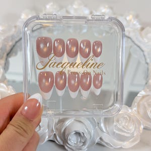 Handmade Classic Eye Cat White French Tip Press On Nails | Pink Eye Cat Almond Nails | Minimalist Glossy Nails | Reusable Bridal Nails