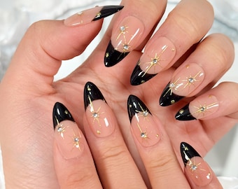 Black & Gold Star Rhinestone Press-On Nails: Handmade French Tips Almond Gel Nails