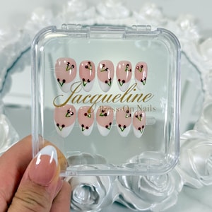 Hand Painted Cherry Press On Nails: Pink French Almond Gel Nails