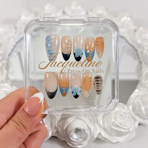 Blue Floral animal print Press On Nails | Leopard Zebra Nails | Animal Print Nails | Black French tips Nails | Amber Water Blooming Nails