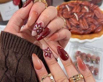 Handmade Burgundy Floral Press On Nails: Glossy Almond Reusable Nail Set