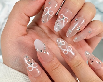 Valentines Pink Glitter Bowknot Press On Nails: Handmade Rhinestone Almond Gel Nails