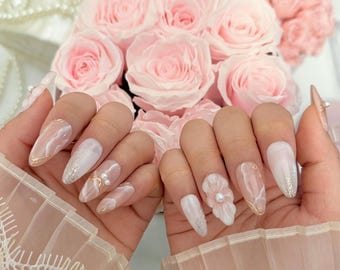 Valentines Handmade 3D Flower Pearl Press On Nails, Almond Gel Nails