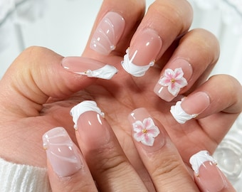 Floral 3D Press-On Nails: Pink Tropical Flower French Tip