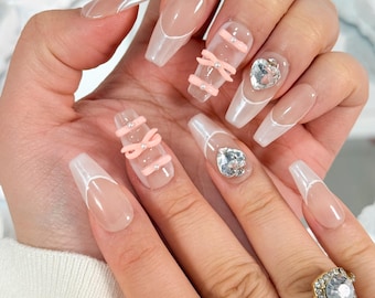 Kawaii Valentine Press On Nails, Handmade Pink Bow Nails: Almond Reusable, gift for her