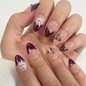 Hand-Painted Wine Red Cherry Press-On Nails: Bow Rhinestone Almond Gel Nails
