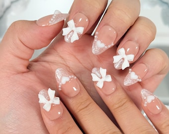 Handmade White Swirl Pearl & 3D Bow Press On Nails: Everyday wear Almond Nails