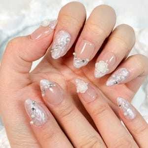 Handmade Press on Nails White Rose Swirl Pearl Marks French Medium Ballerina