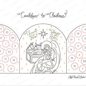 May include: A white Christmas advent calendar with a nativity scene illustration. The calendar features numbered circles in red, with the text "Countdown to Christmas" and scriptural phrases. Gold stars are scattered throughout the design.