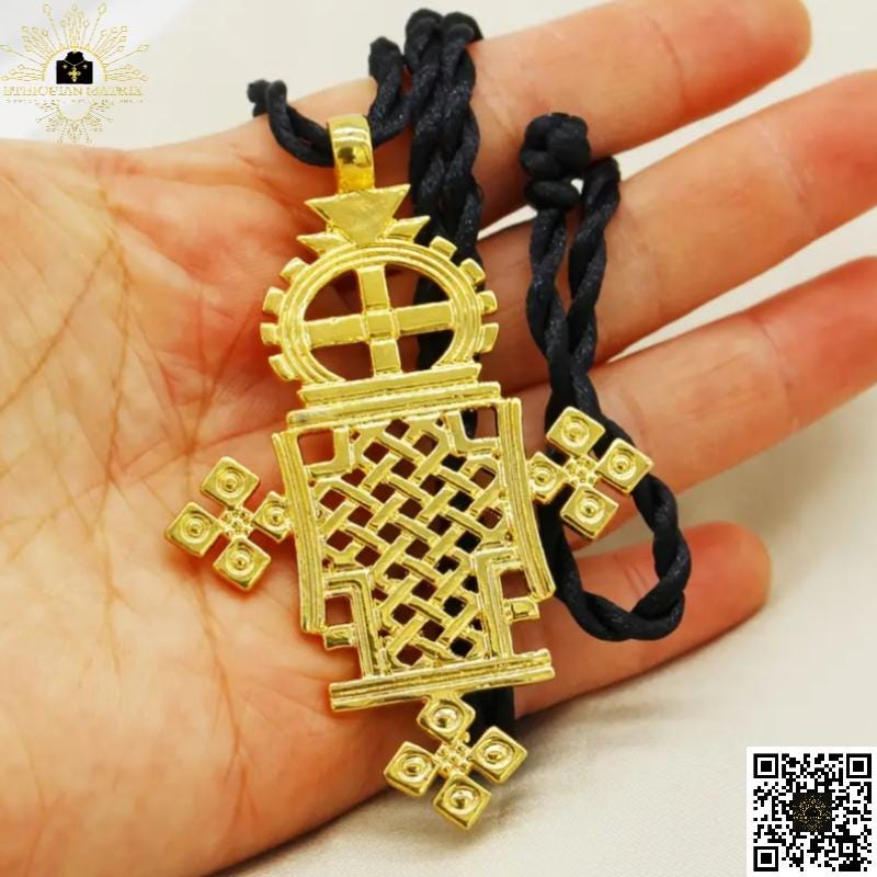Ethiopian Orthodox Christian Gold Axum Cross Necklace on Black