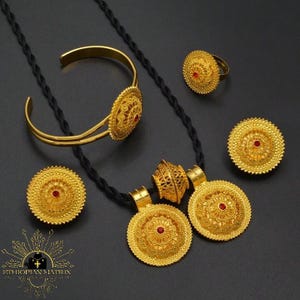 Ethiopian | Eritrean Red Sun Flower Necklace with Matching Earrings, Ring & Bracelet | 4pc Jewelry Set (24KGP) Traditional | Habesha Wedding