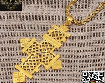 Collar de cruz ortodoxa etíope sagrada mediana / collar de oro eritreo / colgante de cruz lalibela (24KGP) Habesha መስቀል / collar rastafari