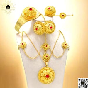 Conjunto de joyería nupcial etíope chapado en oro de 24 quilates / Conjunto de collar de boda Habesha con piedra rubí roja / Diseño floral eritreo ጌጣጌጥ