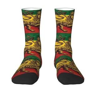 Ethiopian Rastafari Lion Of Judah Flag Symbol Crew Socks | Roots and Culture | Unique Gifts | Expression | KING of Kings Haile Selassie I