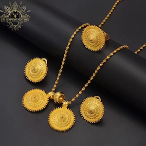 Ethiopian | Eritrean Gold Sun Shield Necklace with Matching Earrings & Ring | 3pc Jewelry Set (24KGP) Traditional Jewellry | Habesha Wedding
