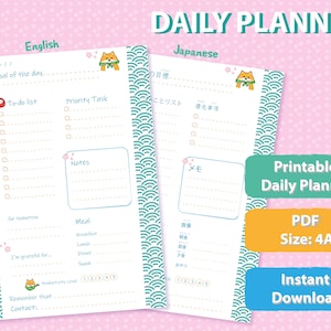Puede incluir: Planificador diario imprimible en inglés y japonés con un lindo perro de dibujos animados que lleva una bufanda verde. El planificador incluye una lista de tareas, una lista de tareas prioritarias, una sección de notas, un planificador de comidas y espacio para la gratitud. El fondo es un patrón verde y blanco.