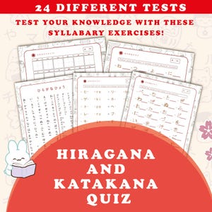 Puede incluir: Un conjunto de hojas de prueba de Hiragana y Katakana. La imagen presenta varias hojas de trabajo con ejercicios de silabario japonés. El texto en la parte superior dice "24 PRUEBAS DIFERENTES" y "¡PON A PRUEBA TUS CONOCIMIENTOS CON ESTOS EJERCICIOS DE SILABARIO!" El texto inferior dice "HIRAGANA Y KATAKANA QUIZ".