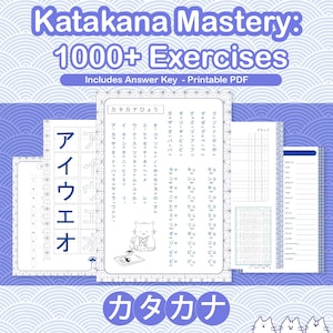 Puede incluir: Un PDF imprimible titulado "Katakana Mastery: 1000+ Exercises". La portada presenta caracteres japoneses y hojas de ejercicios. El texto incluye "Includes Answer Key". La combinación de colores es principalmente azul y blanco.