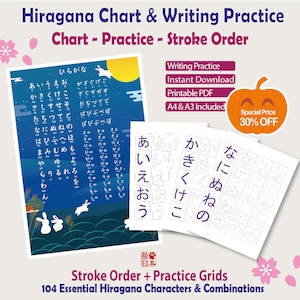 Puede incluir: Un conjunto de tabla de Hiragana y práctica de escritura con un póster azul oscuro con caracteres japoneses blancos, conejos y una luna amarilla. Incluye hojas de práctica blancas con caracteres Hiragana morados en cuadrículas.