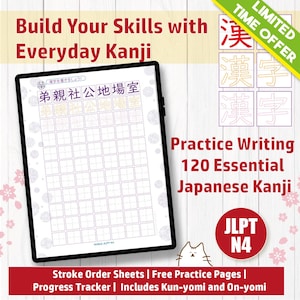 JLPT N4 Kanji Practice Workbook, 42 Pages Japanese Writing Sheets with Stroke Order, Kanji Study Tracker, English Meanings, Digital PDF