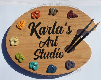 Personalized Art Palette Studio Sign, Wall Hanging - Wording of your Choice - EARTH tones on OAK - Art Studio Decor or Artist Gift