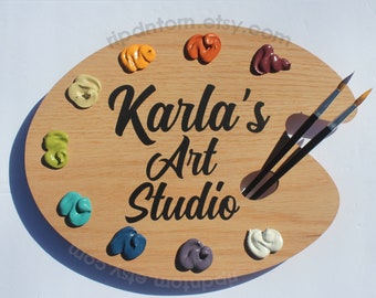 Personalized Art Palette Studio Sign or Wall Hanging with  Wording of your Choice - EARTH TONES on OAK - Art Studio Decor or Artist Gift