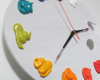 Artist Palette Clock, 3D Paint on WHITEWASHED Wood - Left or Right Handed - BRIGHTS - art studio decor, artist painter gift