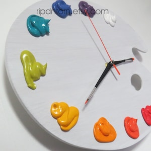 Artist Palette Clock, 3D Paint on WHITEWASHED Wood - Left or Right Handed - BRIGHTS - art studio decor, artist painter gift