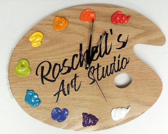 Personalized Art Palette Wall Clock with Paint with Quote or Wording of your Choice - BRIGHT - Unique Art Studio Decor or Artist Gift