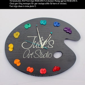 Personalized Artist Palette Clock with Choice of Wording 3D Paint on BLACK Wood Pallet Pallette 10 Color art studio decor, painter gift image 1