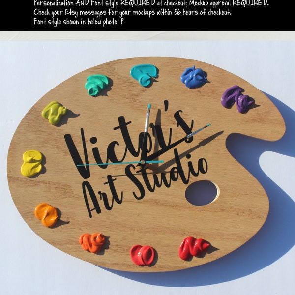 Personalized Artist Palette Clock, Wording of your Choice, 3D Paint on Wood Pallet Pallette, 10 Color, art studio decor, artist painter gift