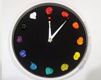 Artist Clock , Canvas 3D paint daubs globs - Color Option, CUSTOMIZABLE, BLACK - art studio, workshop decor or artist painter gift