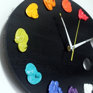 Art Palette Wall Clock with Paint - BRIGHTS Color Collection, BLACK - Unique Art Studio Decor or Artist Gift