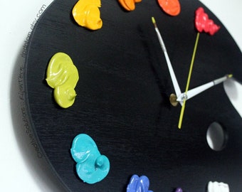 Art Palette Wall Clock with Paint - BRIGHTS Color Collection, BLACK - Unique Art Studio Decor or Artist Gift