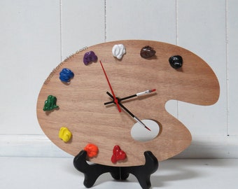 Artist Palette Clock, 3D Paint on Wood - TRADITIONAL - SMALL - Wall or Desk Clock -  art studio decor, artist painter gift