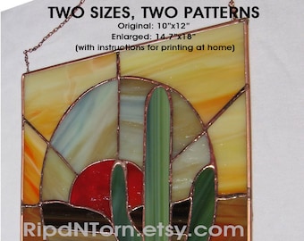 Cactus Western Desert Stained Glass Suncatcher DIY Template - Two Sizes, Patterns - DIGITAL DOWNLOADS, 10x12, 14.7x18 - Great for beginners