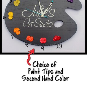 Personalized Artist Palette Clock with Choice of Wording 3D Paint on BLACK Wood Pallet Pallette 10 Color art studio decor, painter gift image 3