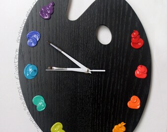 Artist Palette Clock, 3D Paint on Black Wood Pallet Pallette -  art studio decor, artist painter gift